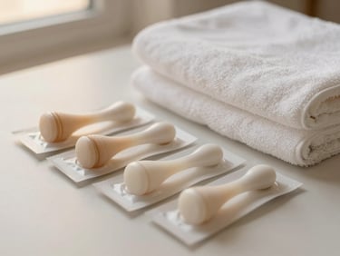 Close-up of sterile, individually wrapped massage tools and a stack of fresh, white towels on a clean, light-colored surface, soft, diffused lighting.