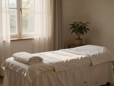 A serene and uncluttered home living room setup with soft, ambient lighting, a comfortable massage bed draped in white linen, and a plant in the corner, evoking privacy and calm.