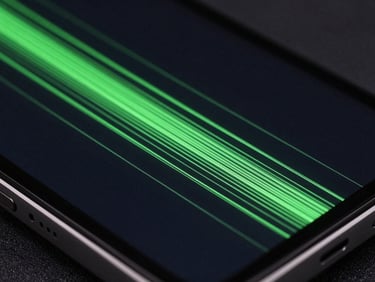 Extreme macro shot of a high-refresh-rate Android screen displaying fluid UI transitions, glowing green vector paths on a dark background, studio lighting.
