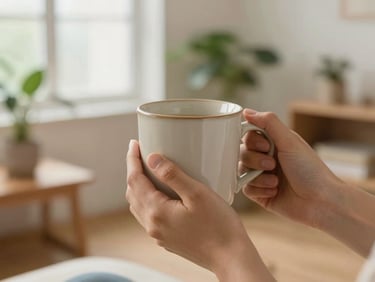 Close-up of hands holding a warm ceramic mug, soft-lit details of a comfortable therapy room with plants, warm natural light, shallow depth of field