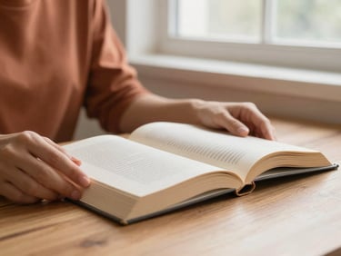 Hands gently resting on an open book on a wooden table, soft natural window light, warm terracotta and cream tones