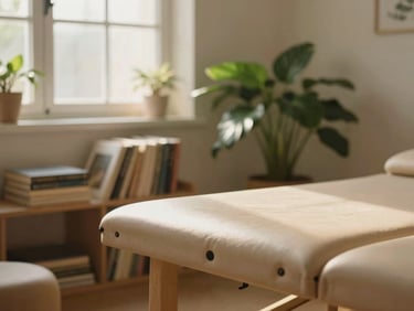 Soft-lit details of a comfortable therapy room with books and green plants, warm golden tones, natural window light, 35mm
