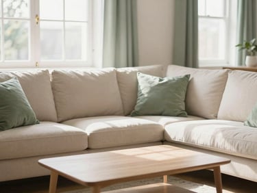 Sunlit, immaculate living room with clean lines, organized sofa and coffee table, soft beige and sage green tones, bright natural window light, shallow depth of field