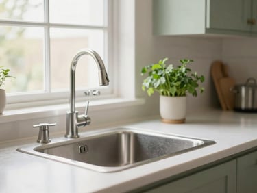 Pristine kitchen counter with sparkling stainless steel sink and faucet, fresh herbs in a vase, bright natural window light, soft beige and sage green tones, shallow depth of field