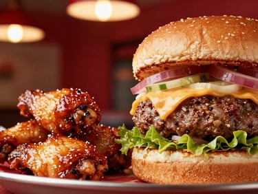 Dynamic close-up shot of a stacked burger with melted cheese and fresh toppings next to a basket of glistening chicken wings, warm overhead casual restaurant lighting, saturated reds and creams, rich contrast, 50mm lens, shallow depth of field