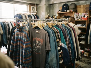 Candid eye-level snapshot of vintage clothing rack in Tokyo shop, natural window light, muted retro tones, 35mm grain