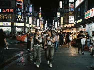 Flash-lit night snapshot of street corner in Seoul, neon signs glowing, casual candid framing, retro-digital aesthetic