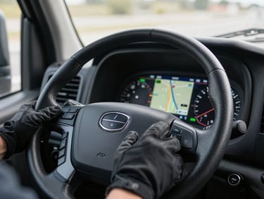 Close-up of a heavy truck cab interior dashboard, GPS tracking screen lit up, driver's gloved hands on steering wheel, natural cabin light, sharp operational detail