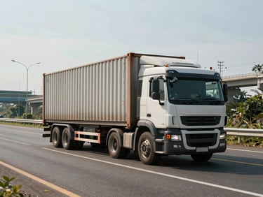 Container truck on a Java highway at midday, strong sunlight, infrastructure in background, truck moving with purpose, wide framing showing road scale