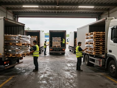 Wide shot of a warehouse loading dock, multiple pallets being loaded onto different trucks simultaneously, workers in high-vis vests, fluorescent daylight blend, active operational environment