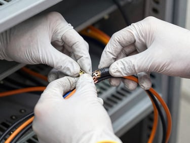 Close-up of a technician's hands wearing gloves, carefully organizing a bundle of structured cables, high-contrast lighting.