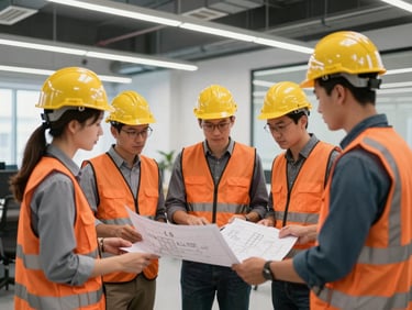Technical team portrait of L S Technology Services Inc. engineers discussing blueprints in a modern office, bright indoor lighting.