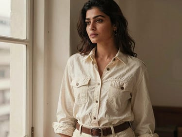 Indian female model in a chic western wear outfit, urban setting, soft natural window light, muted ivory tones