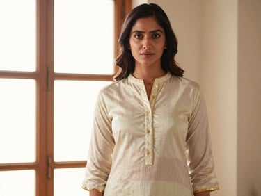 Indian female model wearing a luxurious silk kurti set, soft gold accents, warm editorial fashion photography, soft natural window light