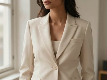 Indian female model in a sharp office wear blazer and trousers, professional setting, muted ivory tones, shallow depth of field