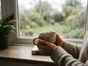 Manos sosteniendo una taza de té caliente junto a una ventana con luz natural difusa de la mañana, transmitiendo calma y reflexión.