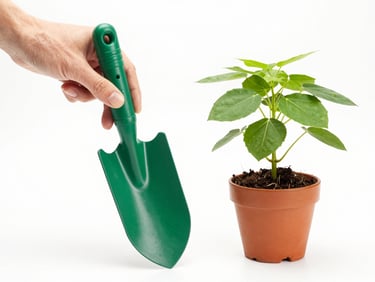 Hand holding a clean green garden trowel next to a small potted plant, high-key studio style