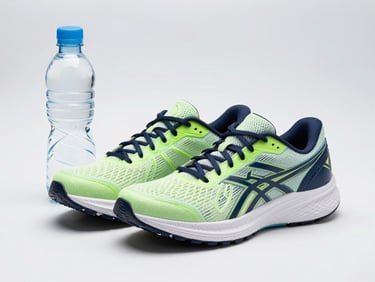 A pair of clean running shoes next to a water bottle, high-key lighting, light gray background