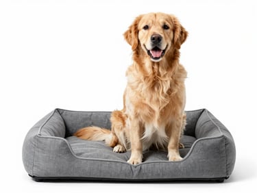 A happy golden retriever sitting next to a clean gray pet bed, bright studio lighting, white background