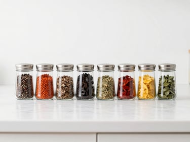 Bright modern kitchen counter with neatly organized spice jars, high-key studio lighting, white background