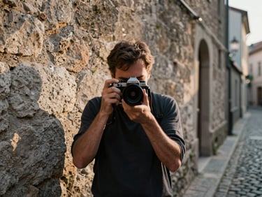 Close-medium frame of a photographer's hands holding a film camera at waist level on a narrow cobblestone street, late afternoon side light raking across textured stone walls, the street receding into soft shadow behind, no posed subject