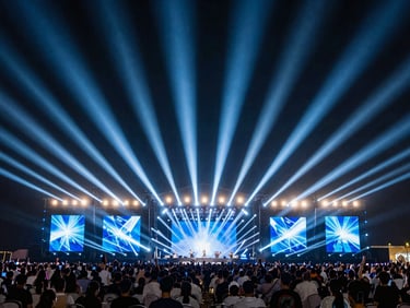 Wide environmental shot of a massive outdoor beach concert stage at night, fully illuminated by dynamic blue and white light beams, volumetric rays