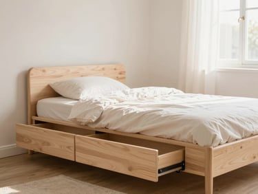 Teen bed with integrated storage drawers pulled out, pastel wood, soft bedding, morning light, clean off-white walls.