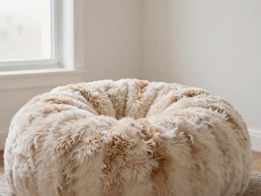 Close-up of a patterned faux-fur bean lounger in a teen bedroom, tactile texture, diffused morning light, clean off-white walls.