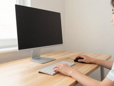 Pastel wood gaming desk with a monitor, keyboard, and a teen's hands on a mouse, soft morning light, clean off-white walls.