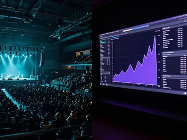 Split-screen composition, left side shows a dark packed concert arena under cyan lights, right side shows a clean futuristic data visualization dashboard with glowing violet charts.