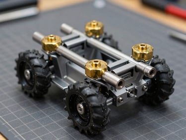 Macro shot of portal axles and brass weights from an Element Enduro24 crawler on a workbench, sharp focus