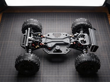 Top-down flat lay of a disassembled Traxxas Slash 4x4 chassis on a dark cutting mat, bright overhead workshop light
