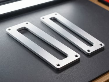 Crisp product photo of a Losi 5IVE-T gas engine and aluminum chassis plates on a workbench, bright overhead light