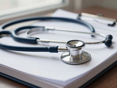 Close-up of a stethoscope lying on top of a stack of legal documents, soft natural light, professional atmosphere