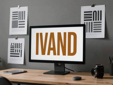 A modern design studio setup with a high-end color-calibrated monitor displaying bold amber typography, flanked by physical print proofs pinned to a slate gray wall, sharp directional side lighting.