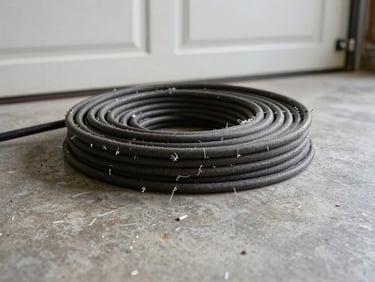 Detail shot of a frayed garage door cable coiled on a concrete floor, natural overcast garage light, steel fibers splayed, no faces
