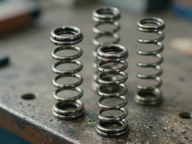 Close-up of a coiled torsion spring on a workbench, natural daylight, worn steel coils, grease marks visible, no hands, no faces