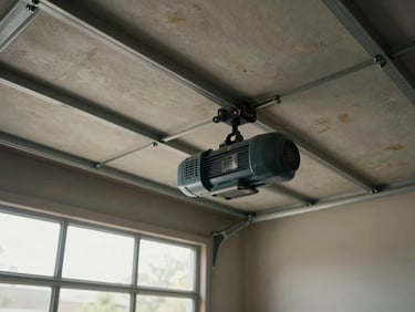 Wide shot of a garage ceiling with a chain-drive opener motor unit mounted on the rail, natural side-window daylight, worn housing, no faces