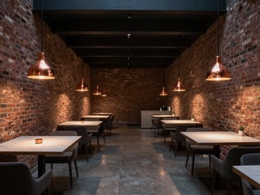 Wide architectural view of an empty, moody dining room at dusk, warm glow from copper lamps on brick walls, minimalist tables.