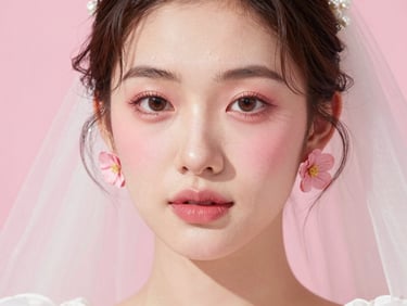 High-contrast bridal portrait with camera-ready skin, soft retro pink tones, warm direct sunlight, elegant and poppy bridal makeup