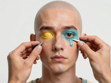 Detailed SFX prosthetic makeup transformation, hyper-realistic character design, bright high-key studio lighting, saturated retro tones