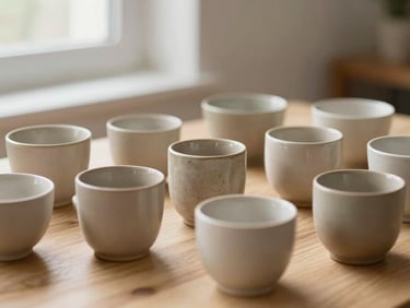 Amostras de revestimentos cerâmicos com texturas variadas em tons neutros, dispostas sobre uma mesa de madeira clara, luz natural.