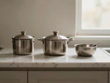Detalhe de um conjunto de utensílios de cozinha em metal escovado sobre uma bancada de mármore, luz suave, composição minimalista.