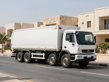A heavy-duty white Al-Qaysar moving truck parked in a clean Khalifa City residential street, bright high-contrast UAE daylight, wide environmental framing.