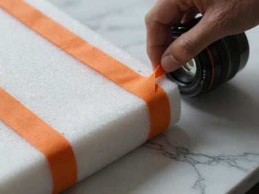 Close-up macro shot of meticulous wrapping techniques, showing triple-ply foam and secure orange strapping on a delicate marble countertop.