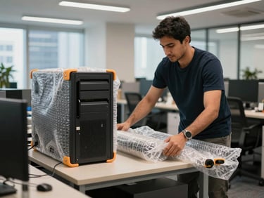 Movers carefully packing office IT equipment and desks with bubble wrap and protective edge guards inside a modern Abu Dhabi office.