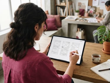 An over-the-shoulder view of a designer sketching clean wireframe layouts on a tablet, soft natural daylight, muted organic tones, 35mm lens.
