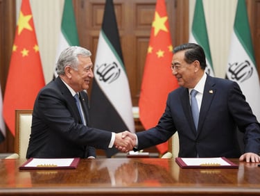 Formal bilateral signing ceremony in a grand state hall, heavy wooden table, Chinese and Iraqi officials shaking hands, warm corporate lighting