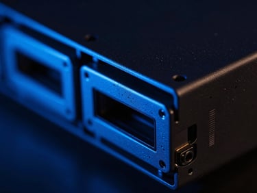 Macro close-up of high-end server hardware with cool-toned blue ambient glow, sharp technical angles, low-key dramatic studio lighting