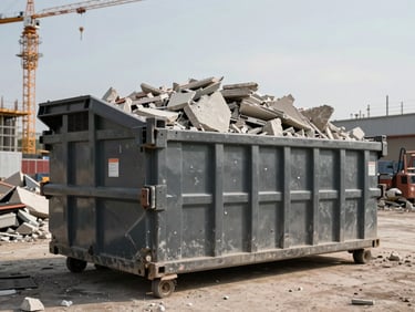 Wide elevated shot, afternoon daylight, a large heavy-duty dumpster container overflowing with demolition rubble and concrete chunks at a major construction site, crane visible in far background, raw industrial scale